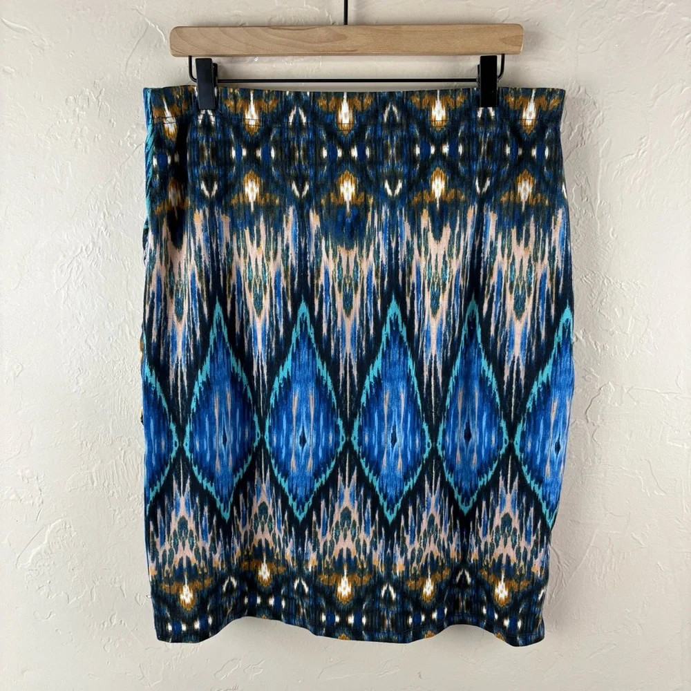 Wrangler Blue Patterned Women's Skirt Knit Faux Wrap Western Large Knee Length - Picture 3 of 6
